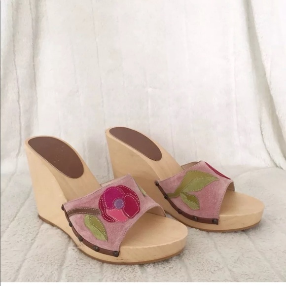 Coach Shoes - COACH Pale Pink Suede Floral Wood Wedges